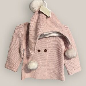 Elegant Baby Pink Sofia + Finn Knit Baby Cardigan w/ Matching Pom Pom Hat 12M